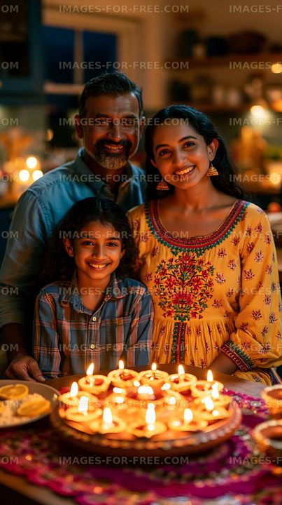 Family celebration with candles and sweets in home kitchen