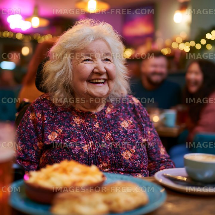 Smiling elderly woman enjoying food in a cozy restaurant setting