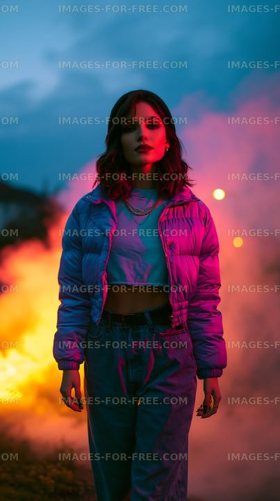 Young woman walking through smoke at sunset