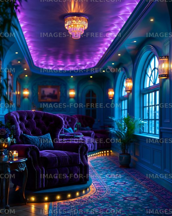 Cozy lounge area with purple lighting and stylish furniture