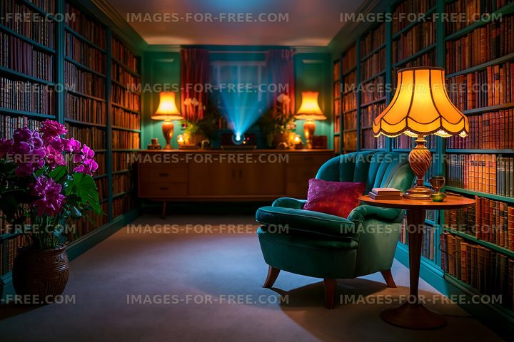 Cozy reading corner with blue armchair and bookshelf in a warm room