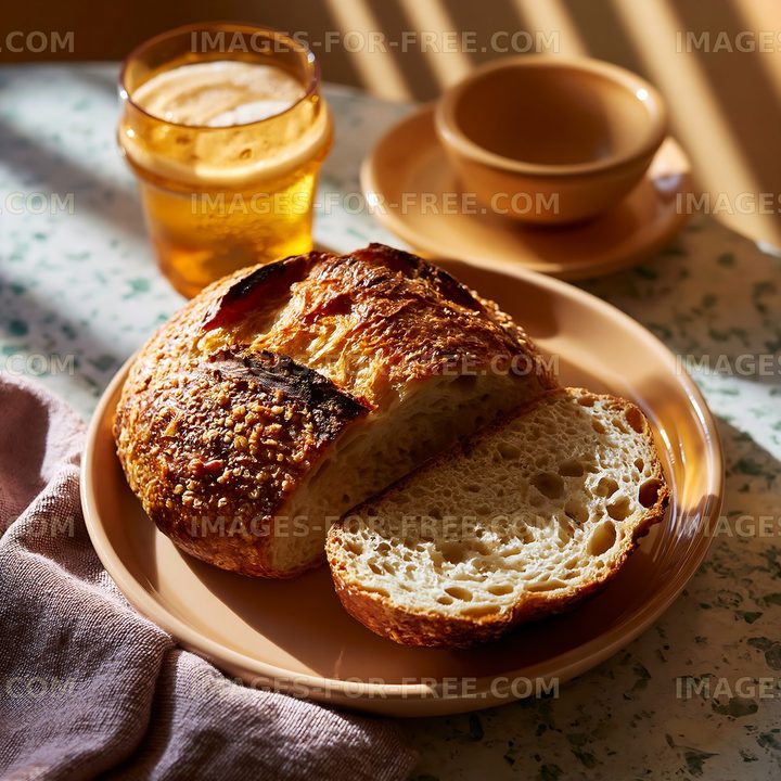 Fresh bread on a plate with a drink and cup on a table