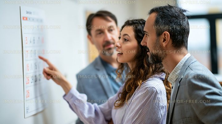 Group discussing plans by examining calendar in office setting