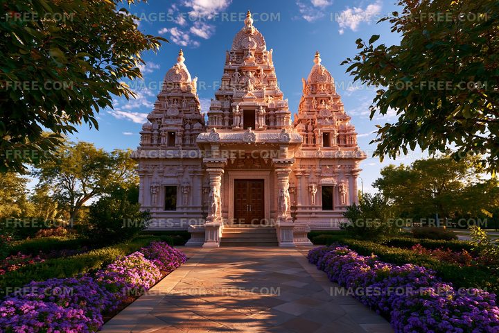 Hindu temple with detailed architecture and garden in daylight