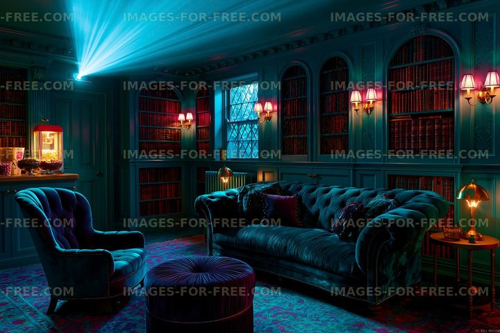 Cozy interior with vintage furnishings and a projection in a library