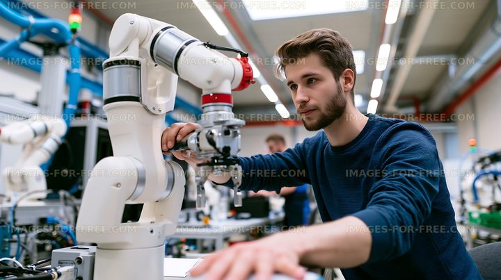Worker operates a robotic arm in a modern industrial setting