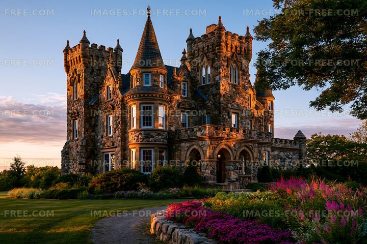 Stunning stone castle with turrets and gardens at sunset