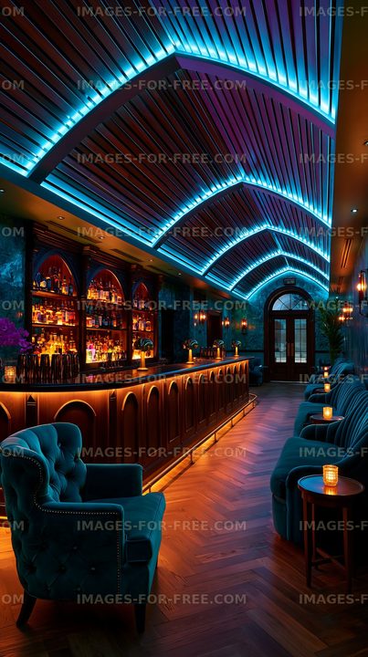 Stylish bar interior with blue lighting and cozy seating area