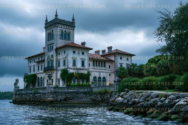 Historic mansion by the water under cloudy sky