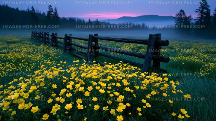 Yellow flowers bloom near a wooden fence at dusk