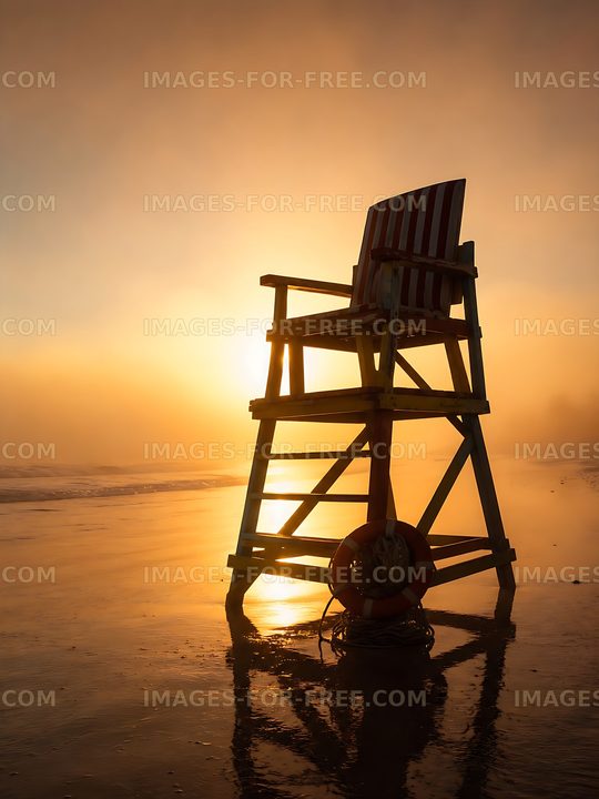 Lifeguard chair on the beach at sunset with fog