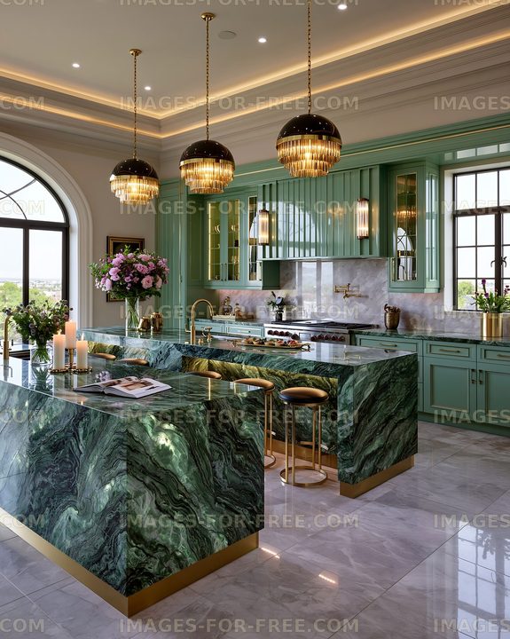 Modern kitchen with green marble island and stylish decor