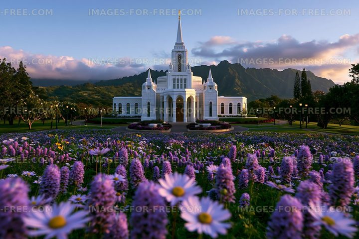 White building, mountains behind, flowers all around