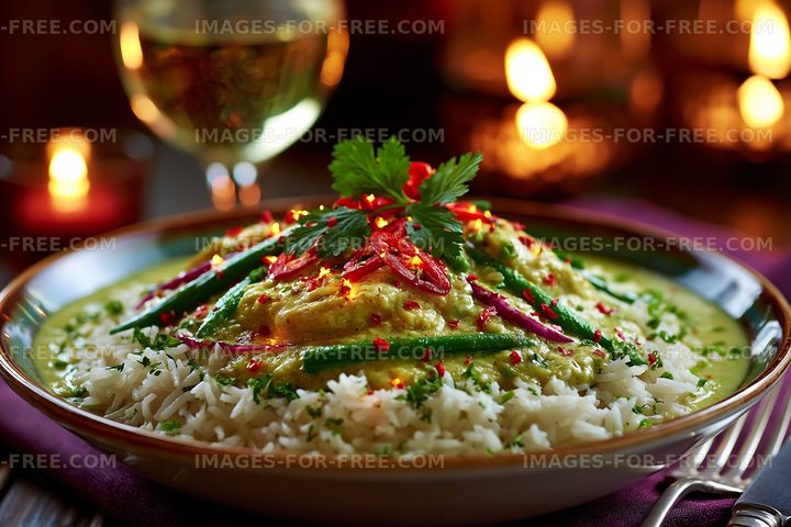 Delicious curry dish served over rice with fresh vegetables