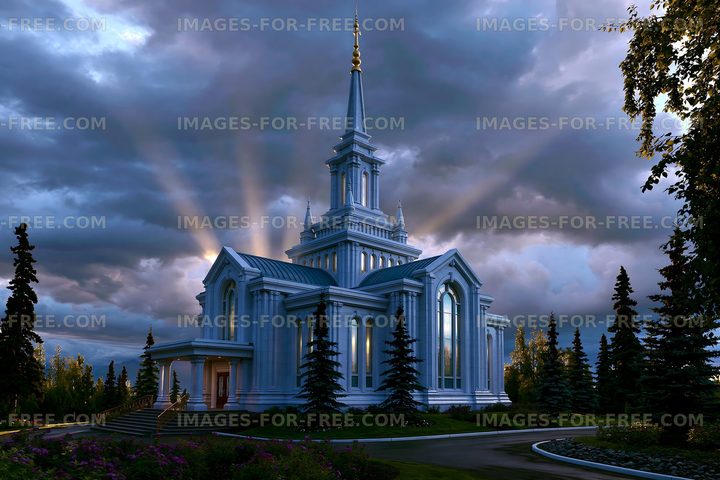 Beautiful temple surrounded by trees under cloudy sky at sunset