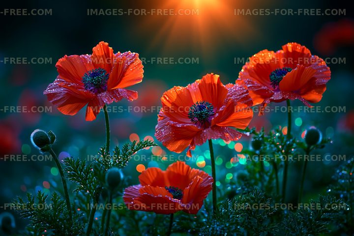 Vibrant red poppies in a garden at sunset