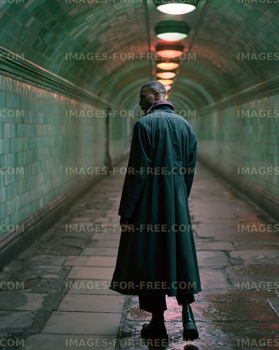 Man walking through a long tunnel with green tiles and lights