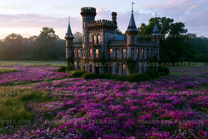 Colorful flowers surround a castle in a field at sunrise