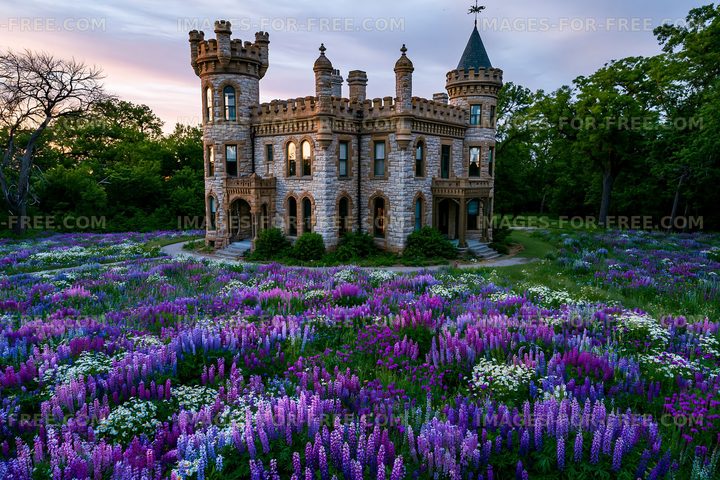 Castle surrounded by colorful flowers in a scenic landscape
