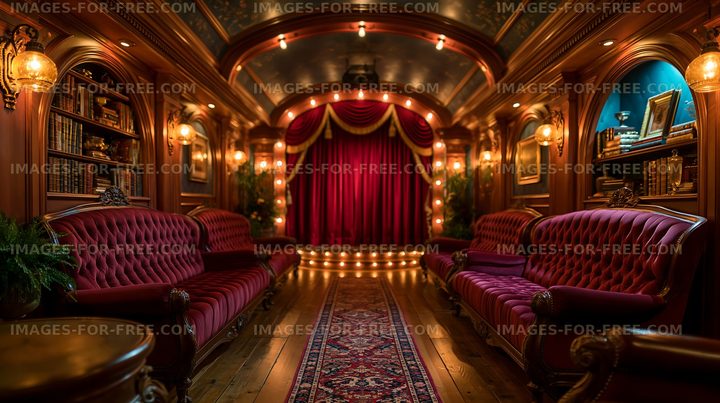 Cozy interior of a vintage theater with plush seating and stage