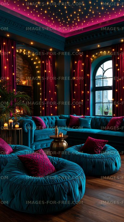 Cozy seating area with vibrant decor and warm lighting