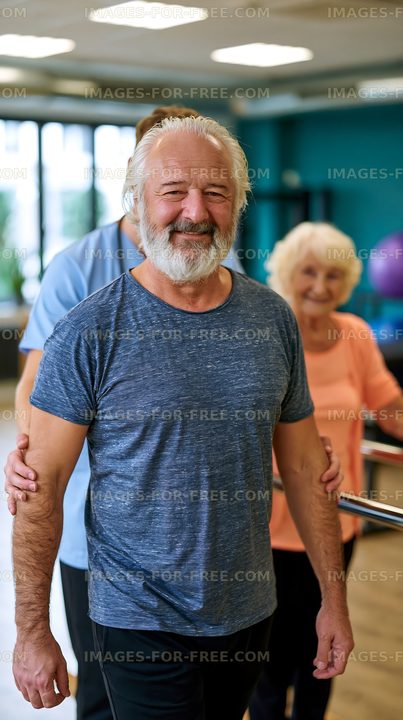 Elderly man smiling during a rehabilitation session in a gym