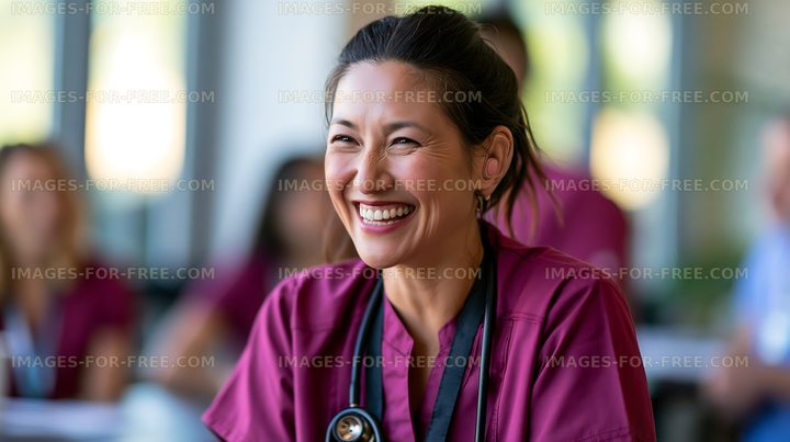 Happy healthcare worker smiling during a team meeting