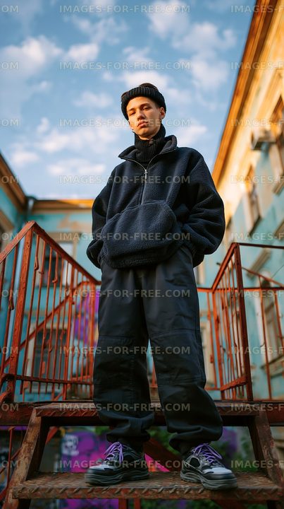 Young person standing on stairs in urban area against blue sky