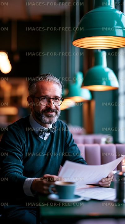 Businessman reading documents in a cafe with green lights