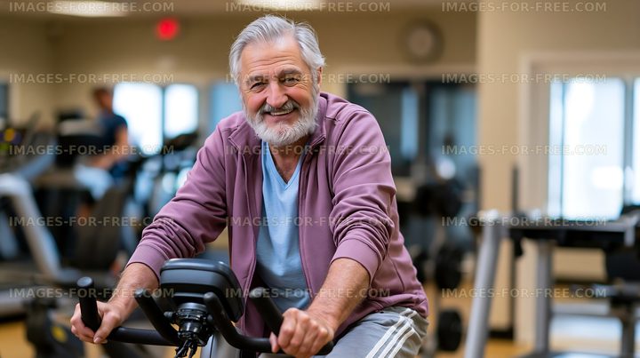 Senior man exercising on stationary bike in fitness center