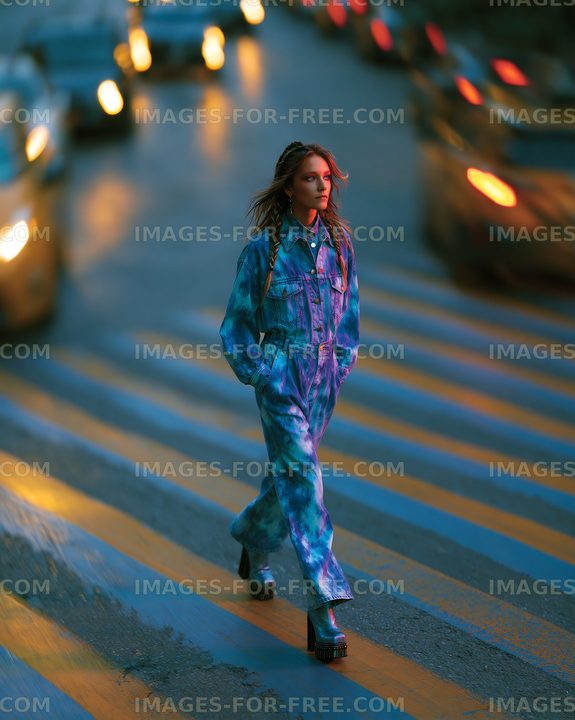 Woman walks on crosswalk in urban street at dusk