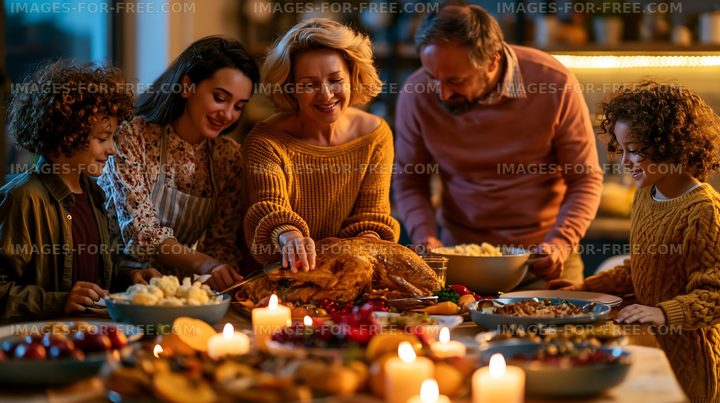 Family gathering around a festive dinner table during the evening
