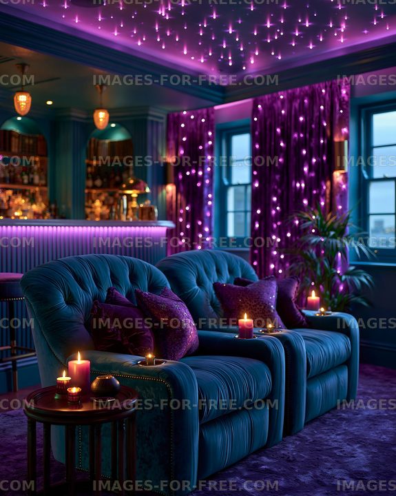 Cozy seating in a dimly lit lounge with purple lights