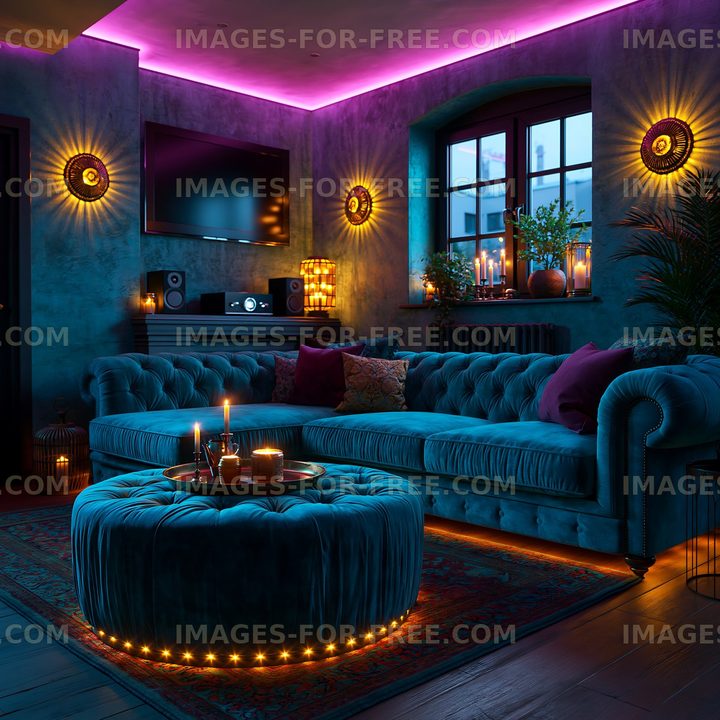 Cozy living room with blue sofa and ambient lighting