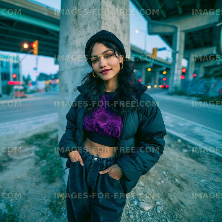 Young woman stands under urban bridge at dusk