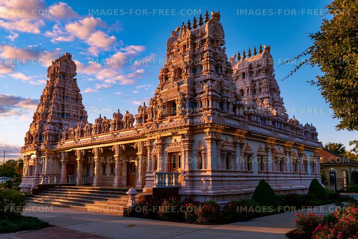Sunset view of a temple with intricate architecture and blue sky