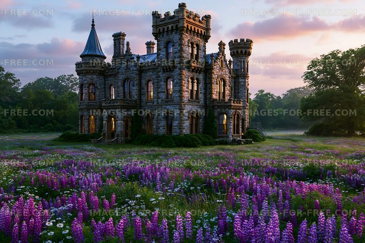 Castle surrounded by flowers at sunset with multiple towers