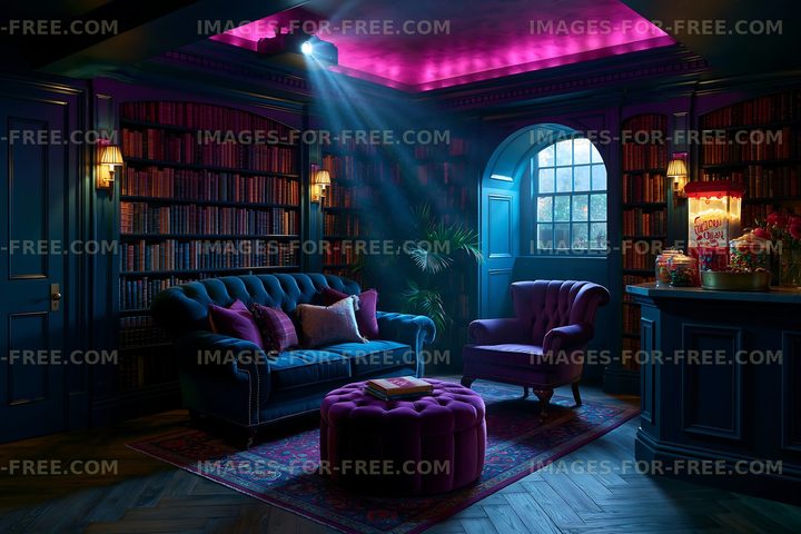 Cozy reading room with purple accents and bookshelf in the evening