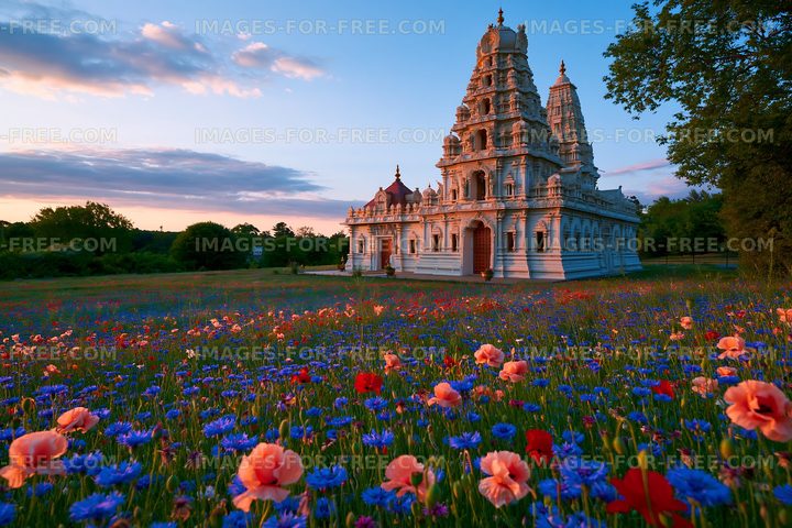 Temple surrounded by colorful flowers during sunset