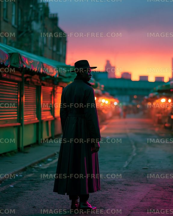 Man standing in a coat at market during sunset in a city