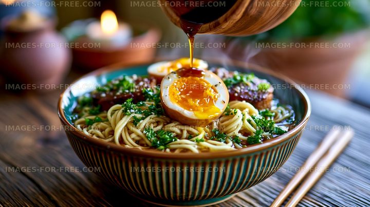 Delicious bowl of noodles with egg and herbs is served