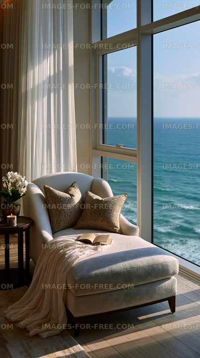 Cozy chair by the window with ocean view
