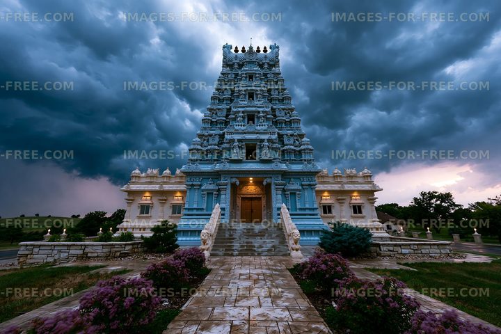 Storm clouds surround a Hindu temple at dusk