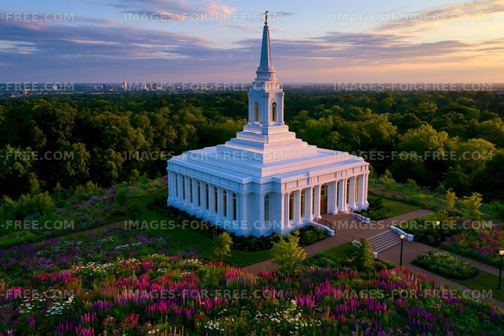 Modern temple surrounded by gardens at sunset