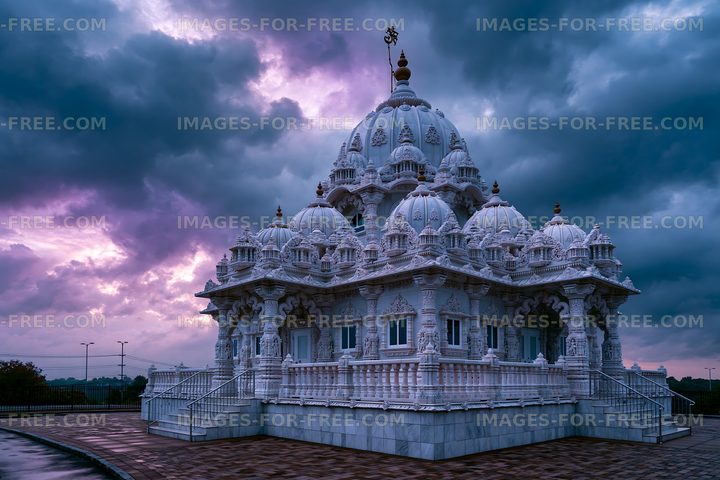 Sunset over a white temple with multiple domes under cloudy sky