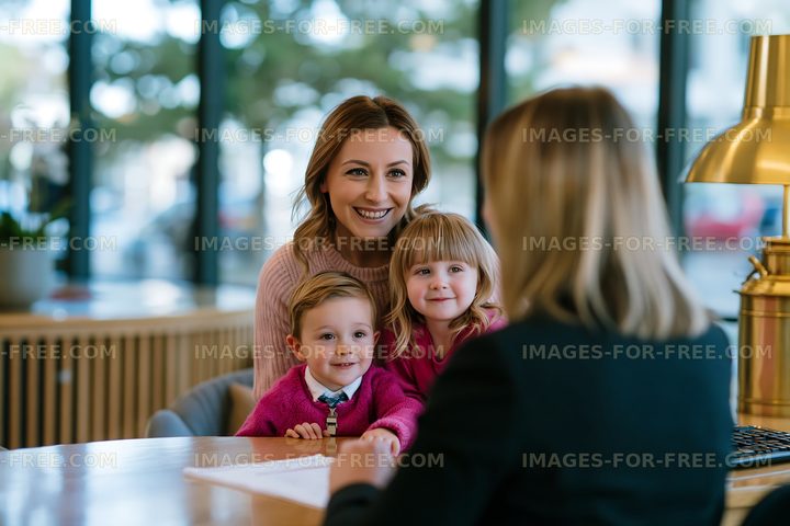 Mother and two children having a conversation with a professional