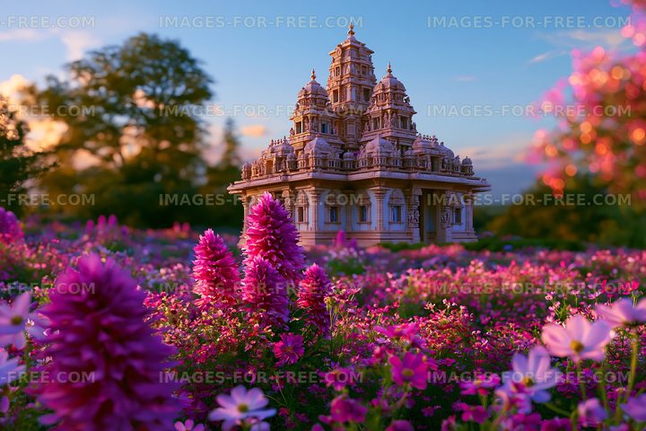 Colorful garden with a temple in the background during sunset
