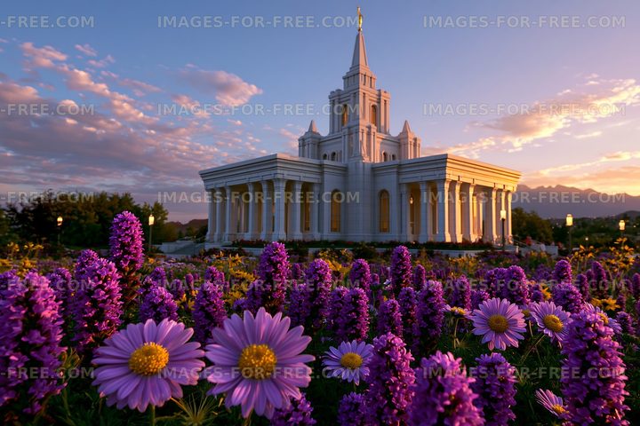 Flowers in front of a large white building during sunset