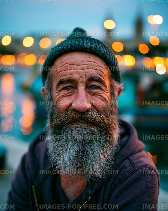 Man with a beard and hat sitting near water at dusk