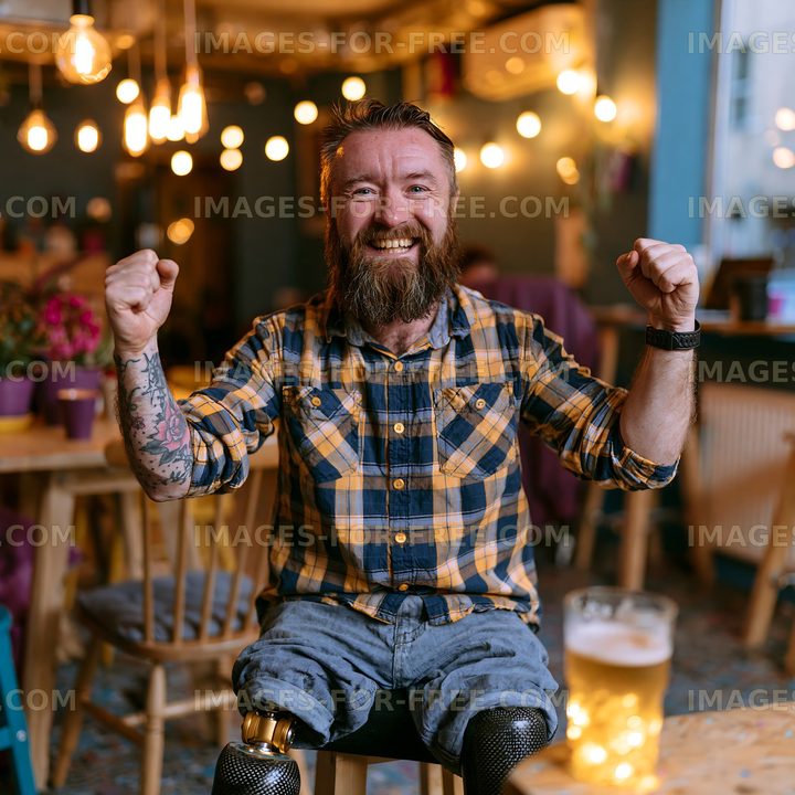 Man celebrates joyfully in a cozy pub with a drink during the evening